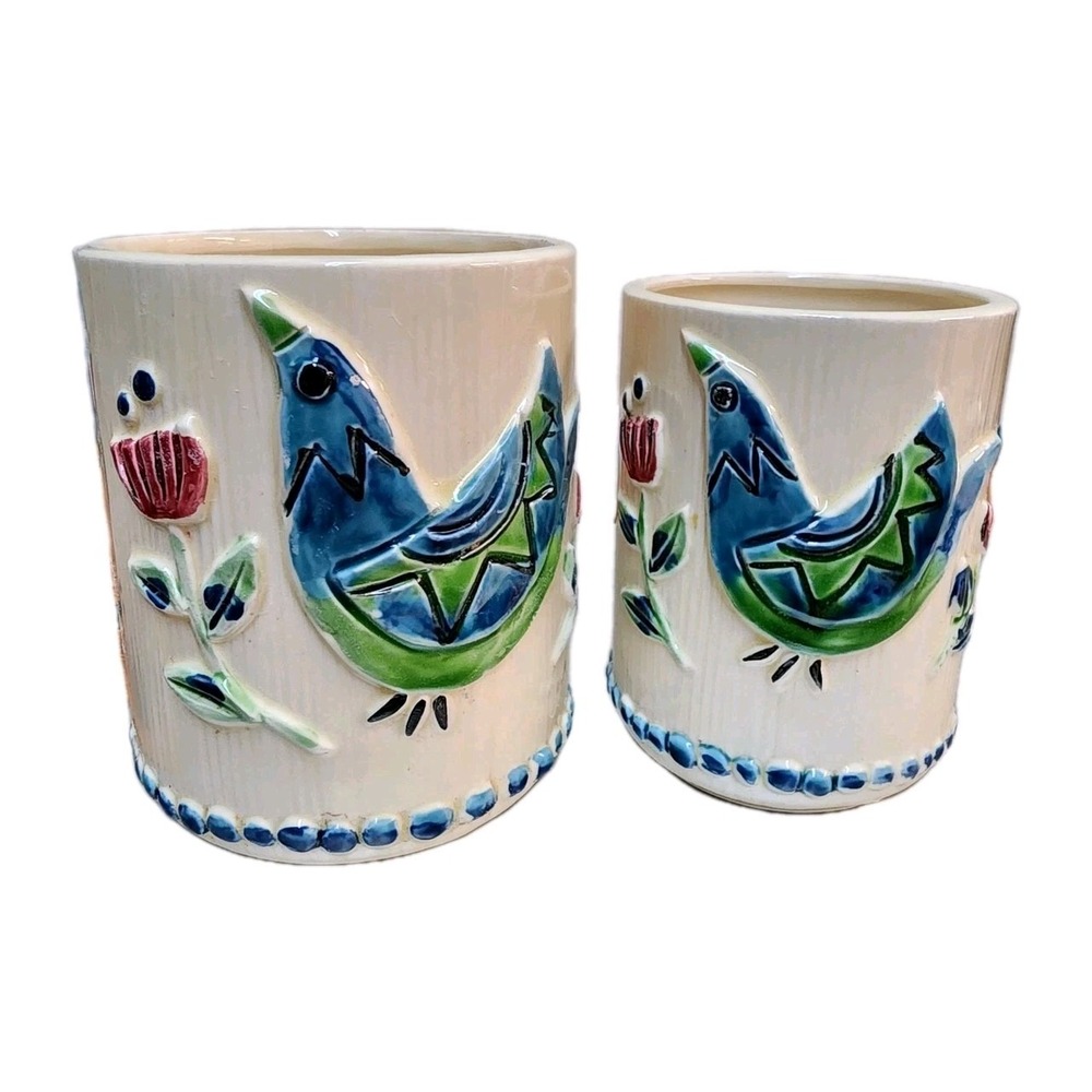 Vintage Lefton Hand Painted Embossed Bluebird Open Canisters (No Lids) Set of 2